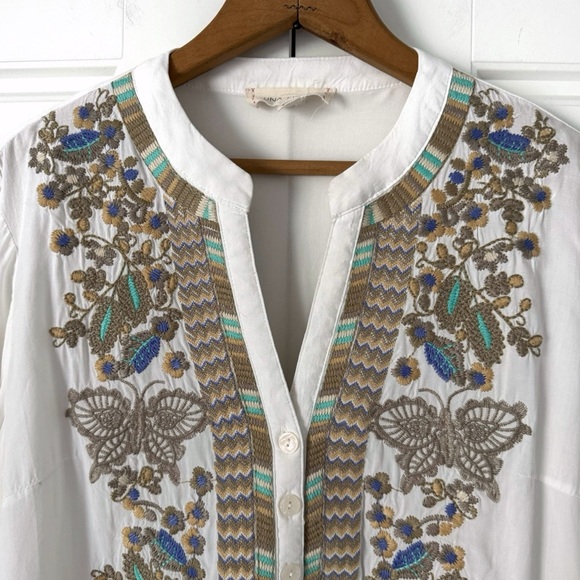 Luna Moon Floral Embroidered Tunic Top M Ivory Boho Sheer Roll Tab Sleeves Swim - Picture 2 of 11